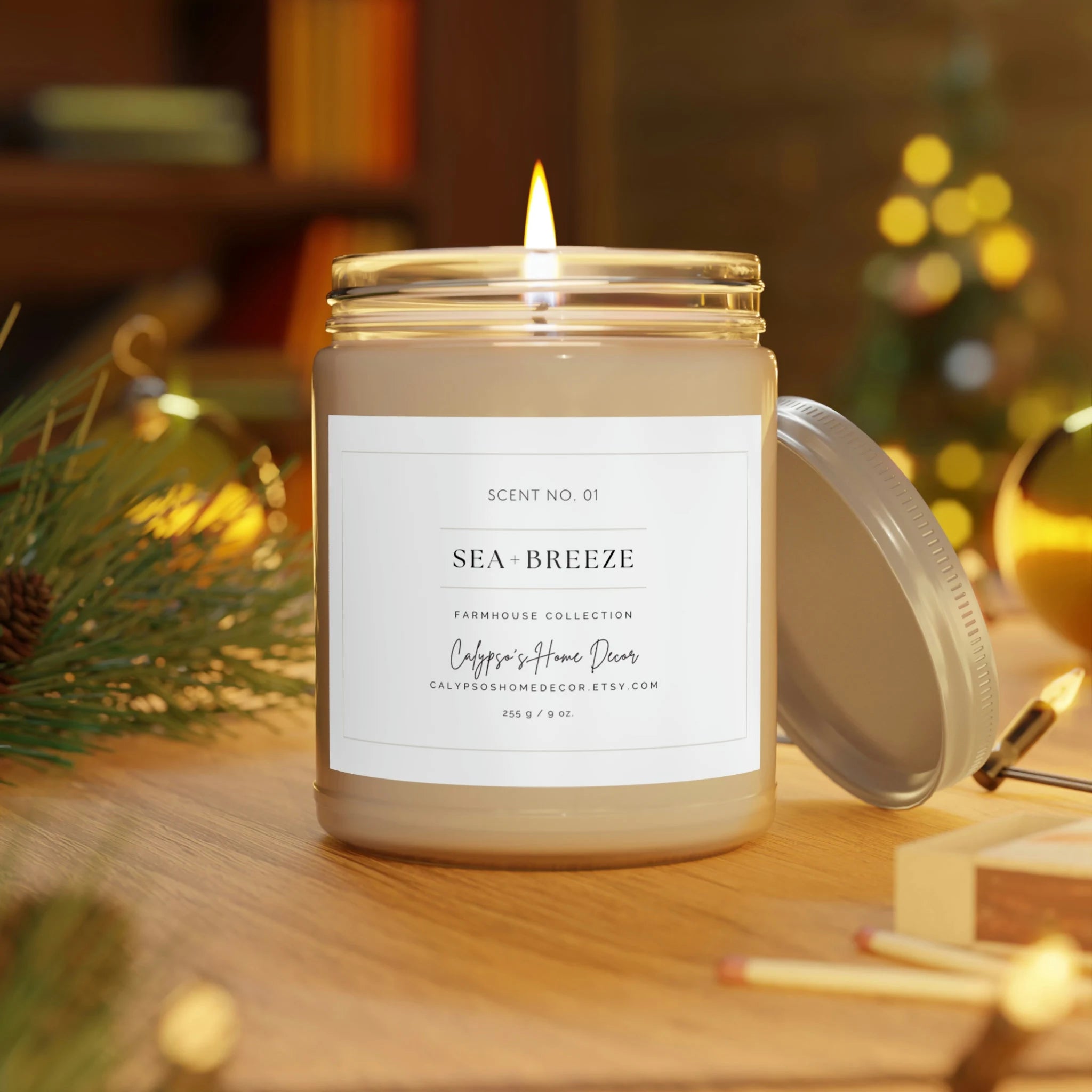 Sea Breeze candle lifestyle shot styled with coastal home decor