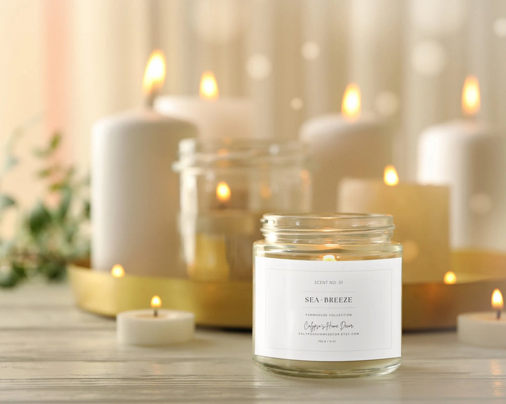 Sea Breeze candle lifestyle shot styled with neutral home decor