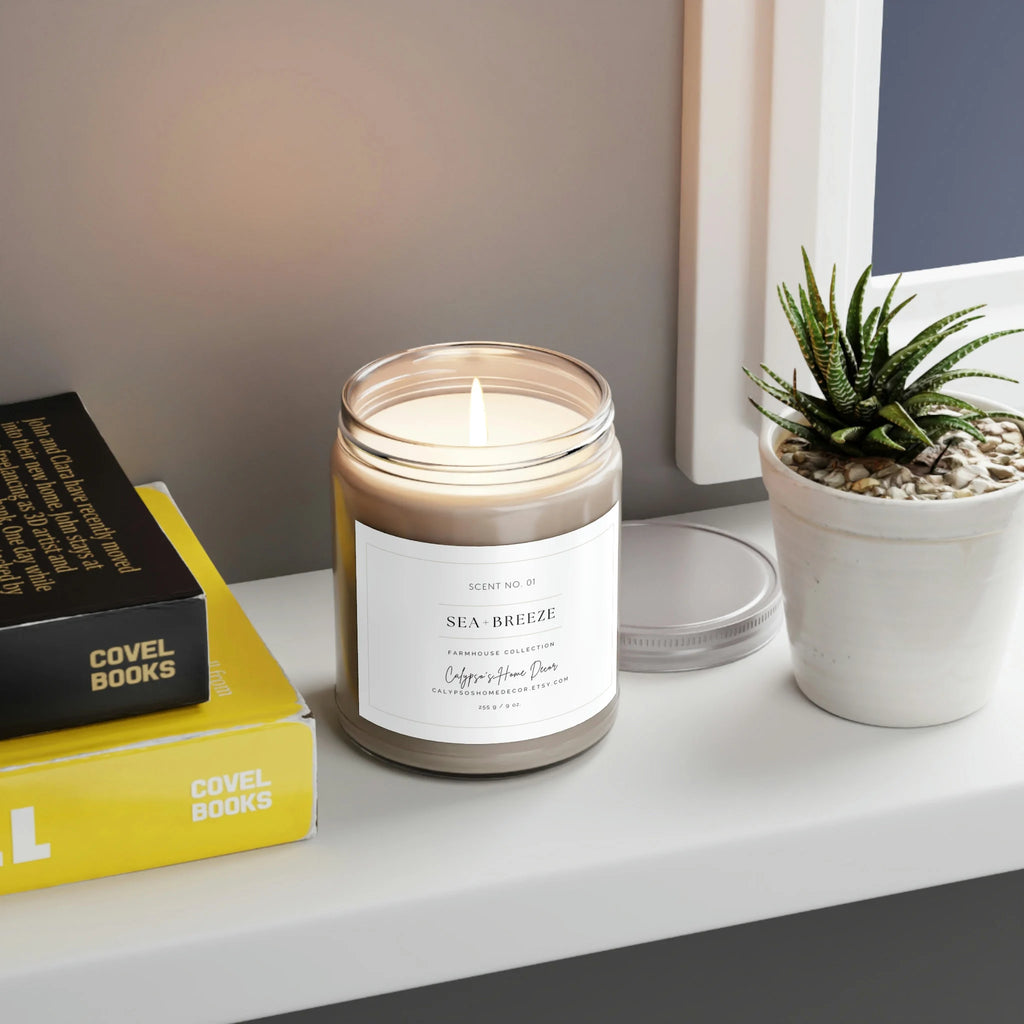 Sea Breeze candle product shot angled view on white background showing Scent No 01 label detail