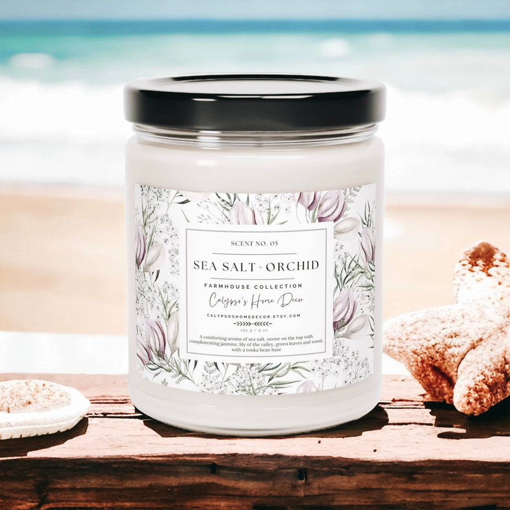 Sea Salt Orchid candle front view on white background showing full label design