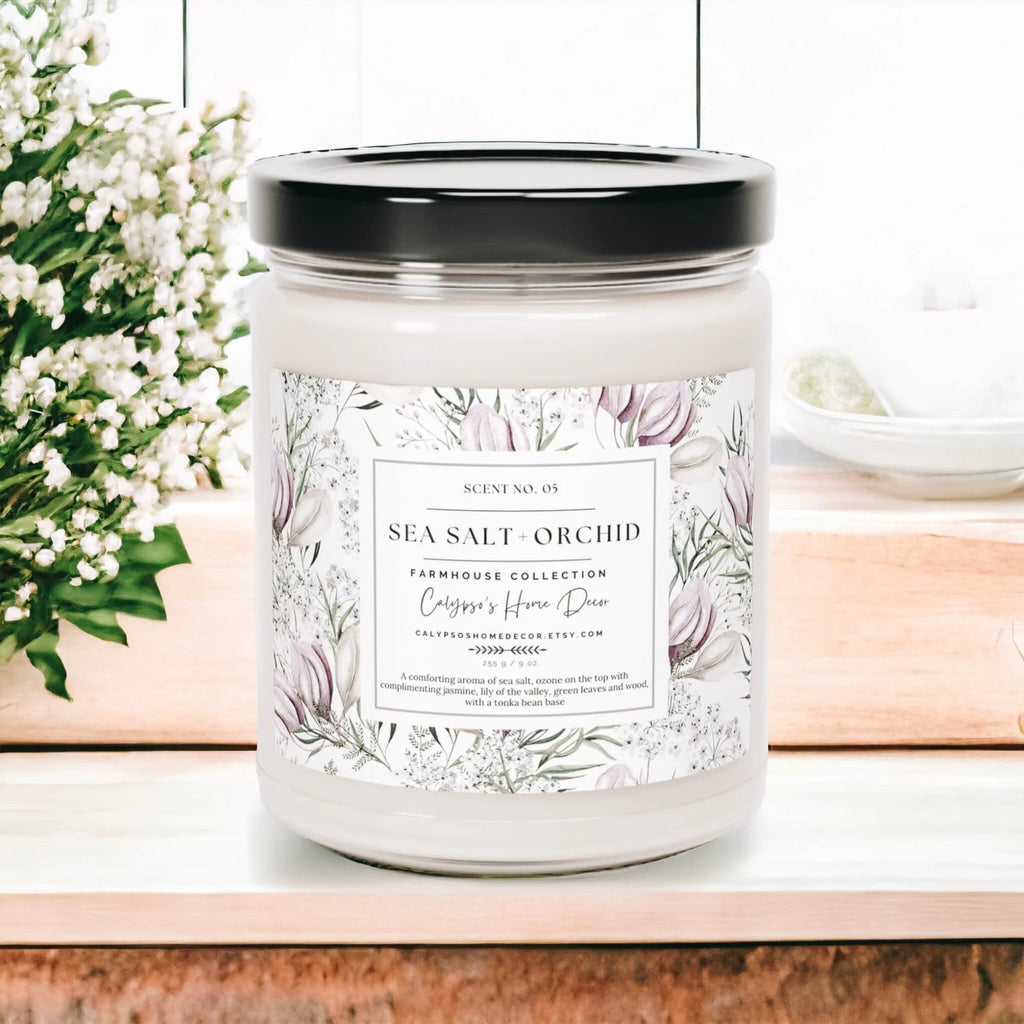 Sea Salt Orchid candle label close up showing Scent No 05 Sea Salt Orchid Farmhouse Collection botanical design