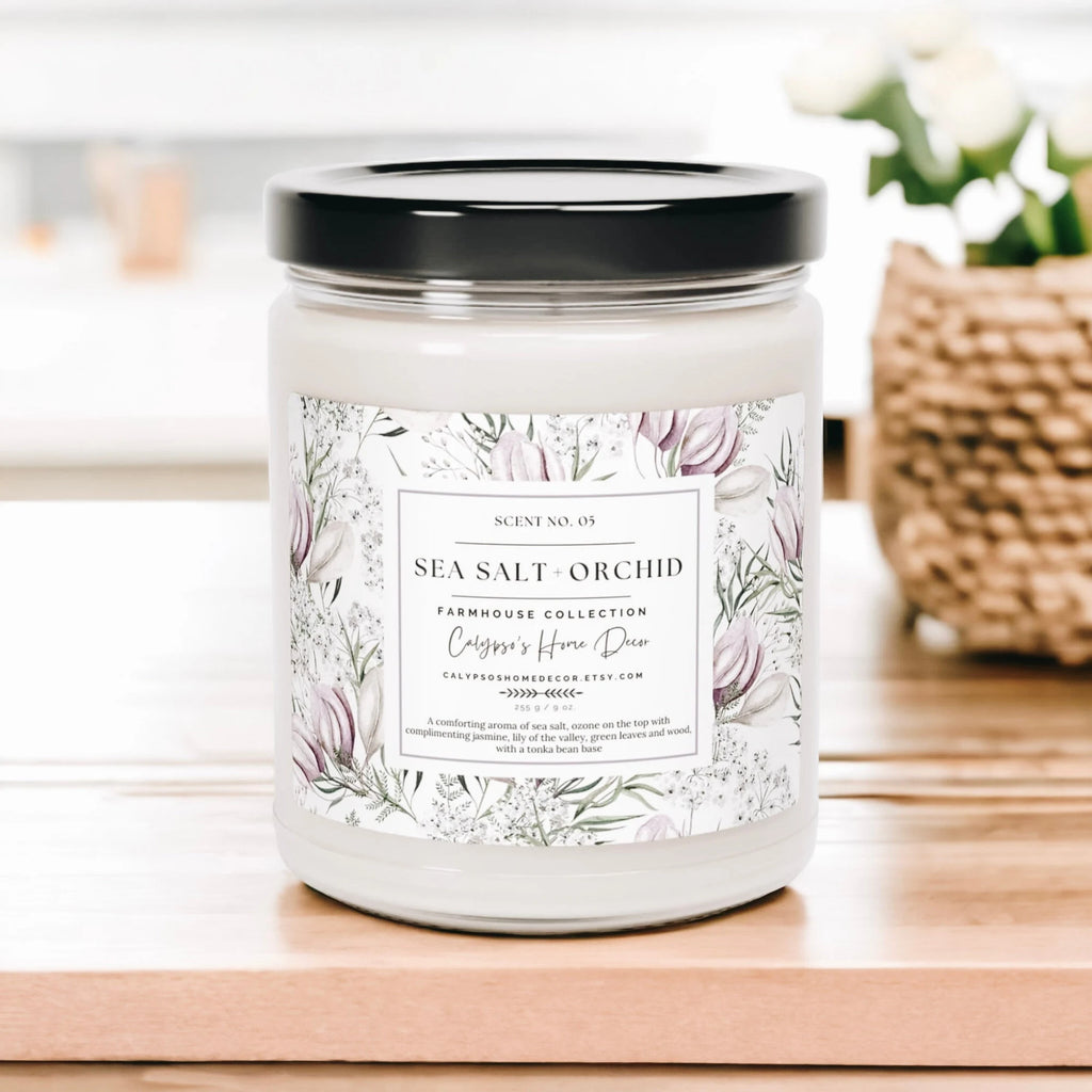 Sea Salt Orchid candle styled with coastal decor and natural elements