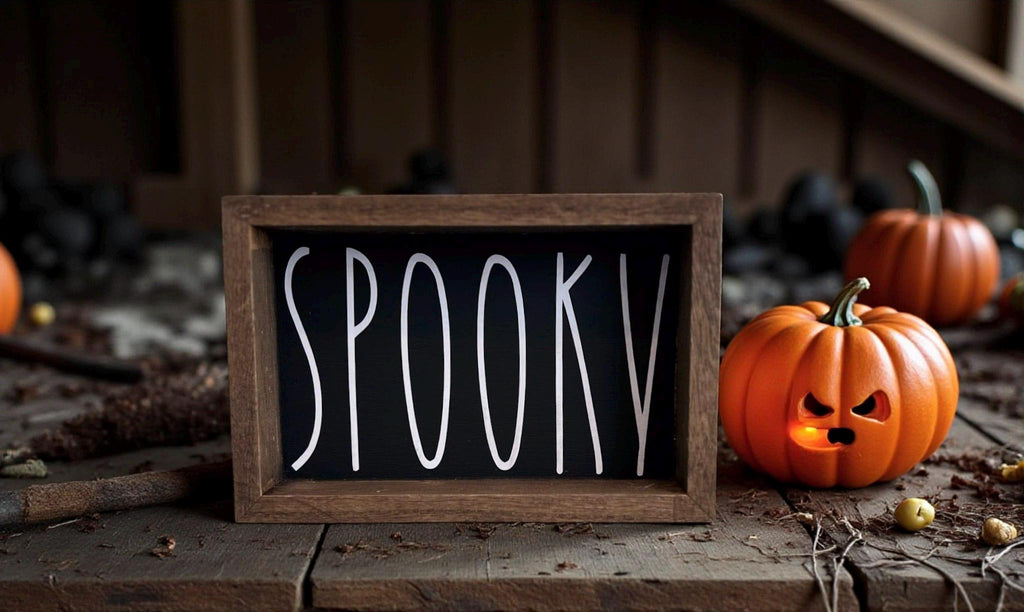 Spooky black sign with glowing jack-o-lantern and cobwebs in rustic barn setting