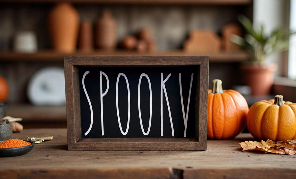 Spooky black sign surrounded by fall leaves and mini pumpkins on wood table