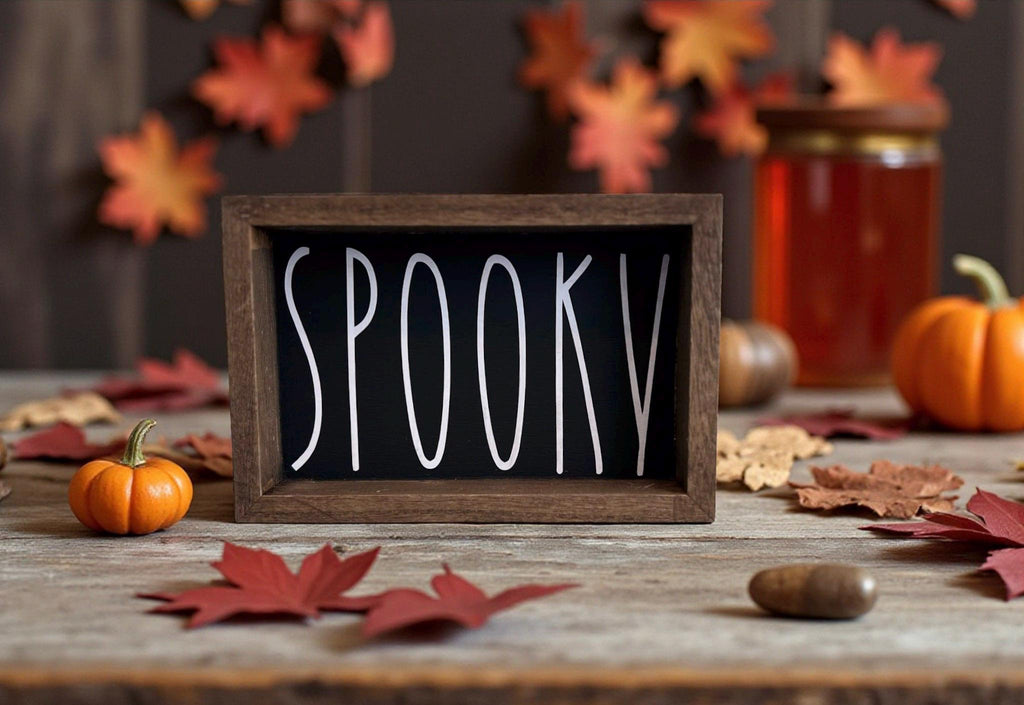 Spooky black sign on farmhouse kitchen shelf with orange pumpkins