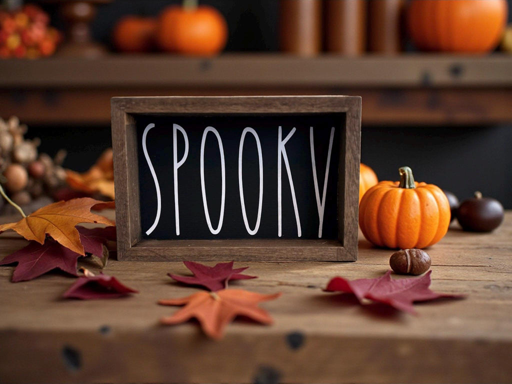 Spooky black framed wood sign with fall leaves and pumpkins on rustic wood table
