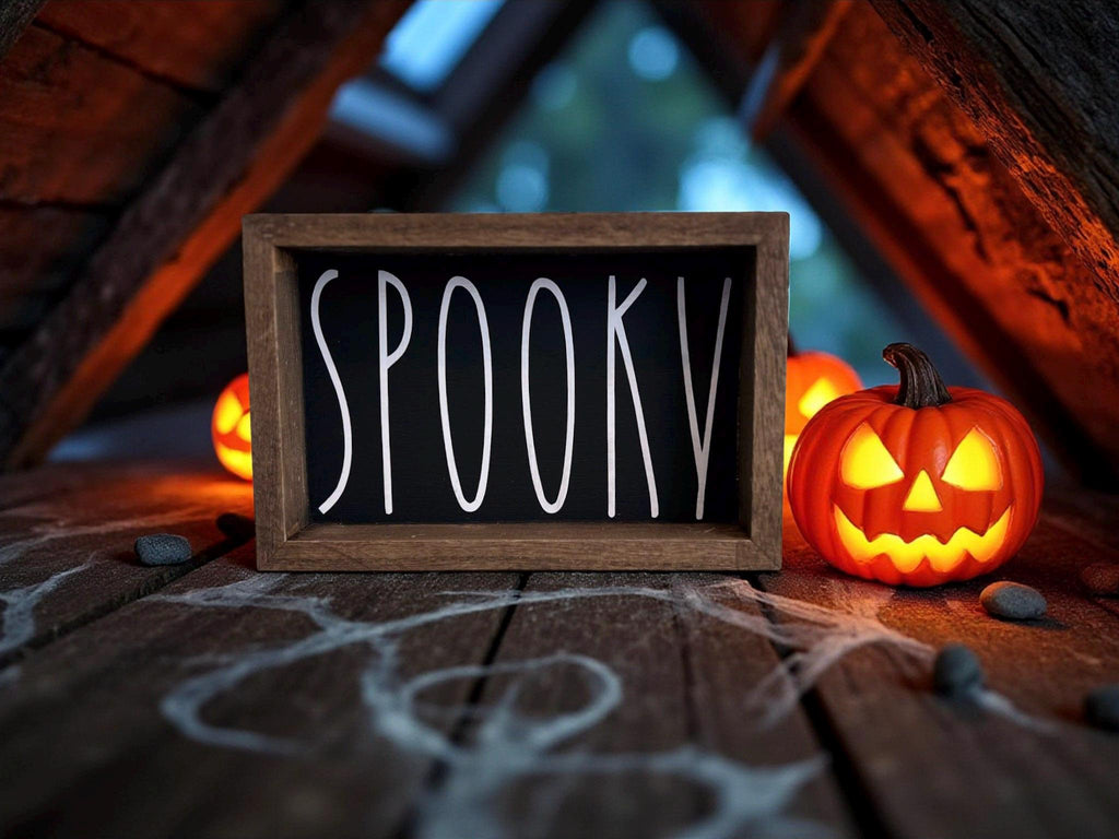 Spooky black framed sign front view on rustic wood
