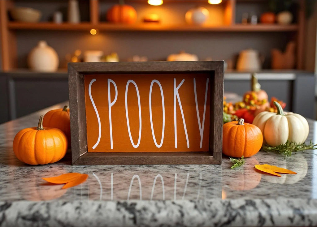 Spooky orange wood sign with dark frame on rustic wood with fall leaves and pumpkins