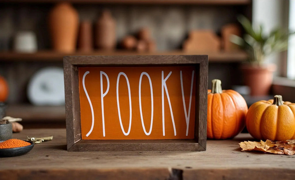 Spooky sign close up on weathered wood with autumn leaves