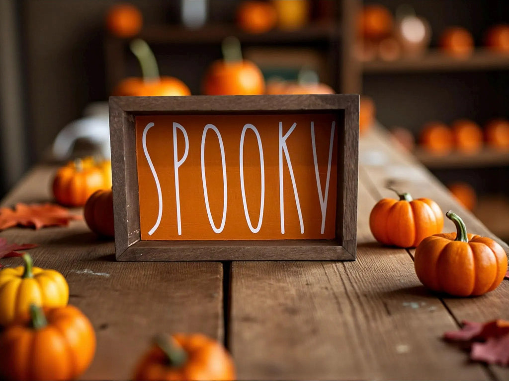 Spooky sign with orange and white pumpkins and fall leaves on wood surface
