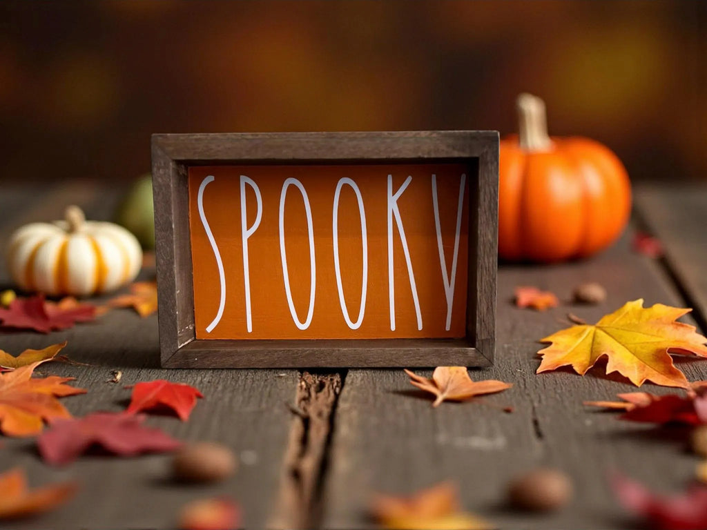 Spooky sign on granite countertop with pumpkins and fall leaves in warm kitchen