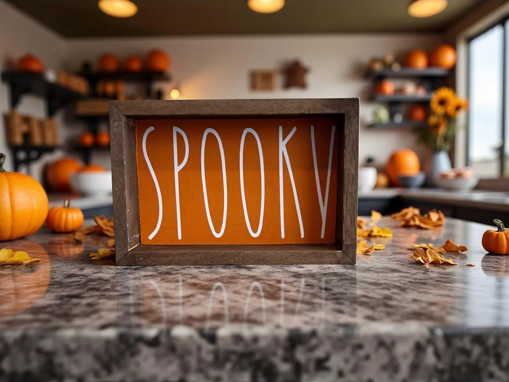 Spooky sign with jack-o-lanterns and spider webs Halloween vignette