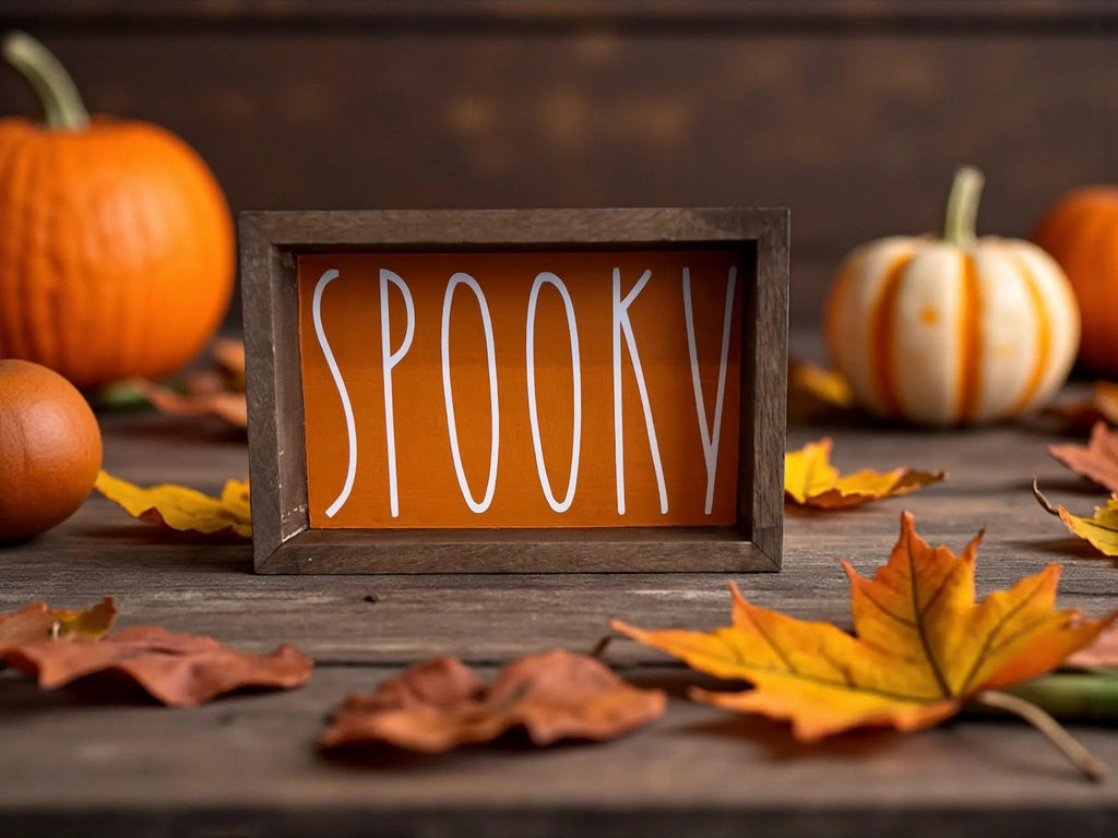 Spooky orange Halloween sign with white lettering on rustic wood surface