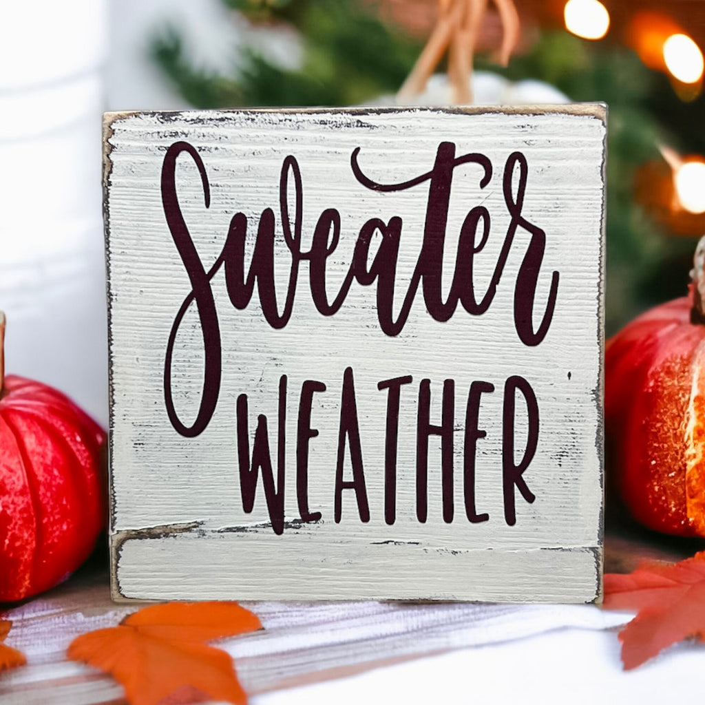 Sweater Weather 5x5 wood sign with pumpkins and bokeh lights