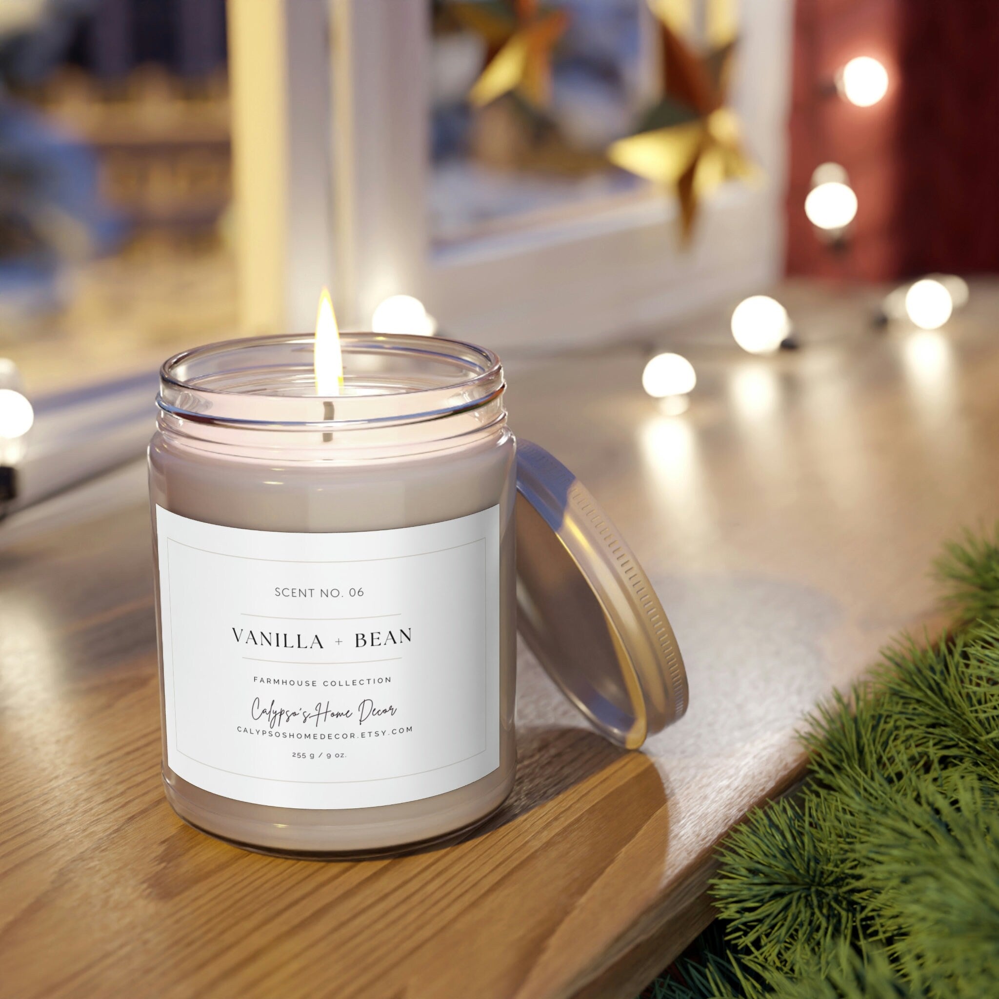 Vanilla Bean candle Scent No 06 label close up showing Farmhouse Collection Calypso Home Decor branding