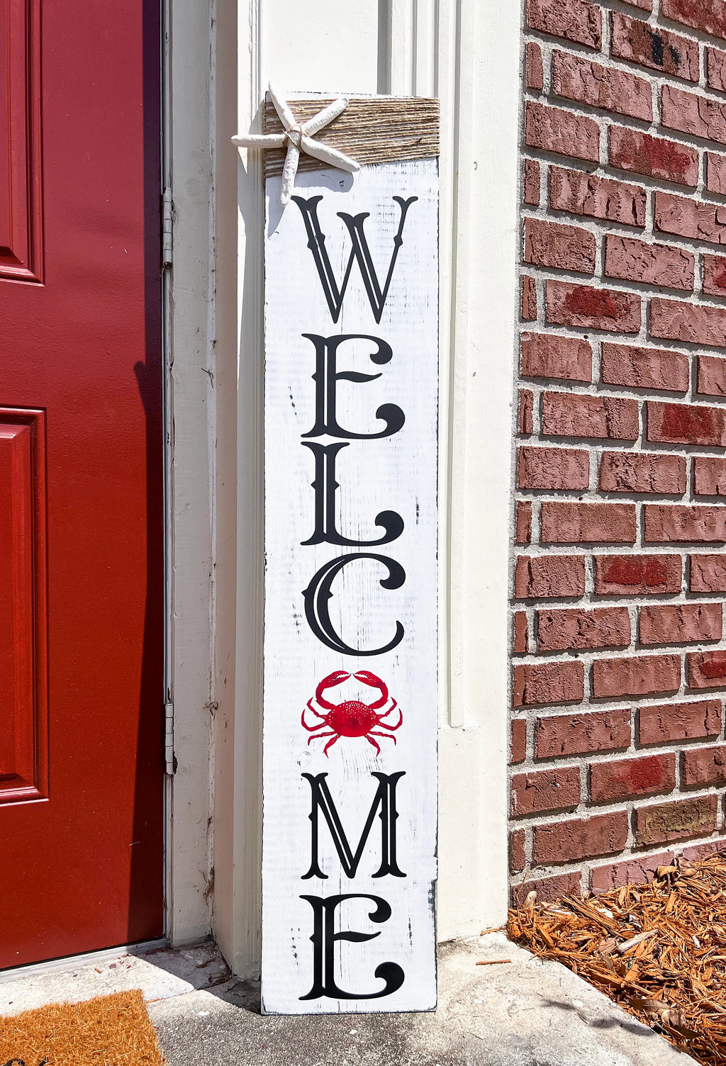 Crab Welcome porch leaner close-up of red crab between C and M letters