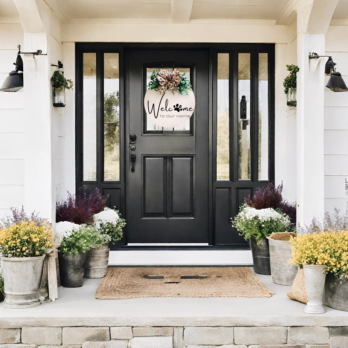 Welcome paw print door hanger on black front door of white farmhouse with flower pots