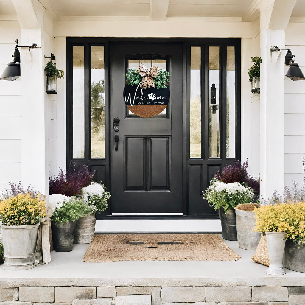 Welcome To Our Home paw print door hanger close-up with paw print bow and eucalyptus