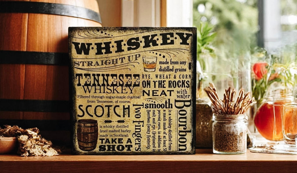 Whiskey wood block sign front view on white surface