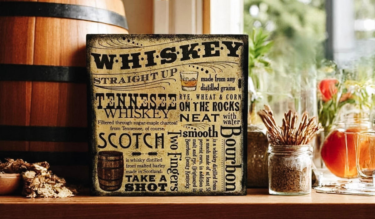 Whiskey wood block sign front view on white surface
