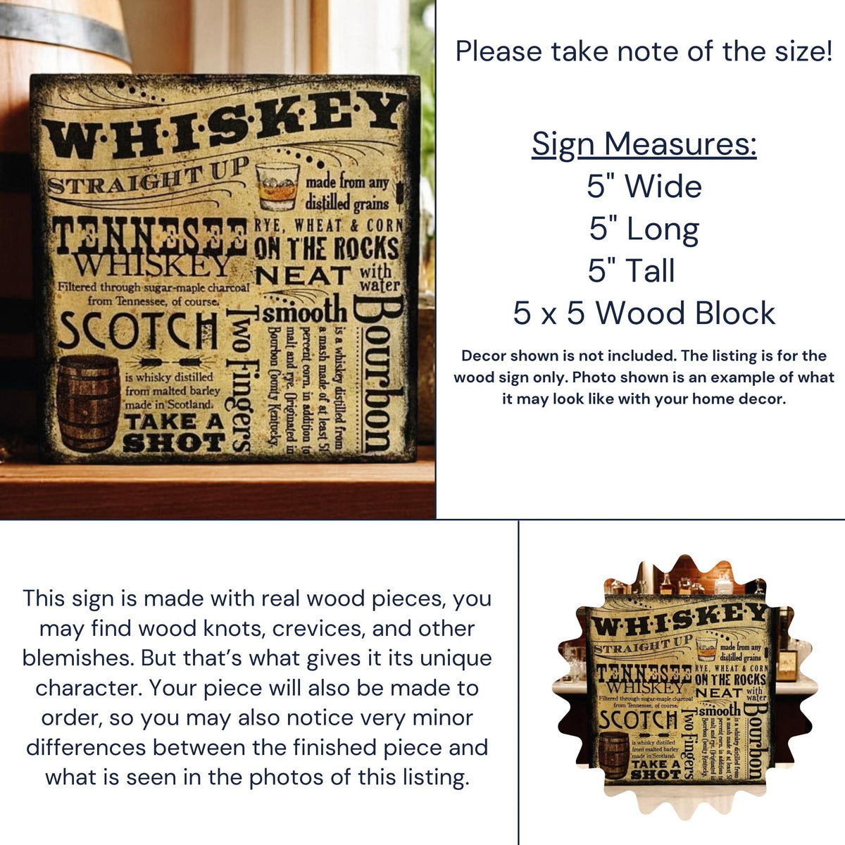 Whiskey wood block sign close up showing Tennessee Whiskey Scotch Bourbon typography detail
