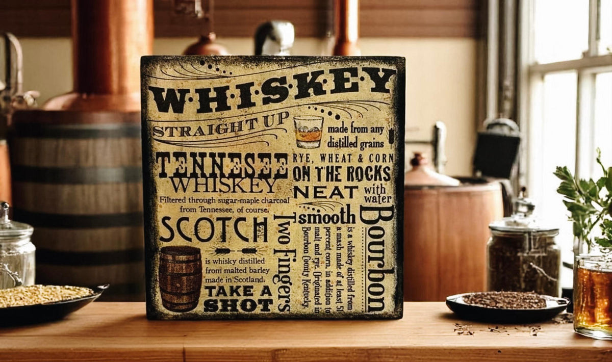 Whiskey wood block sign on rustic wood floor with mason jars and grain in background