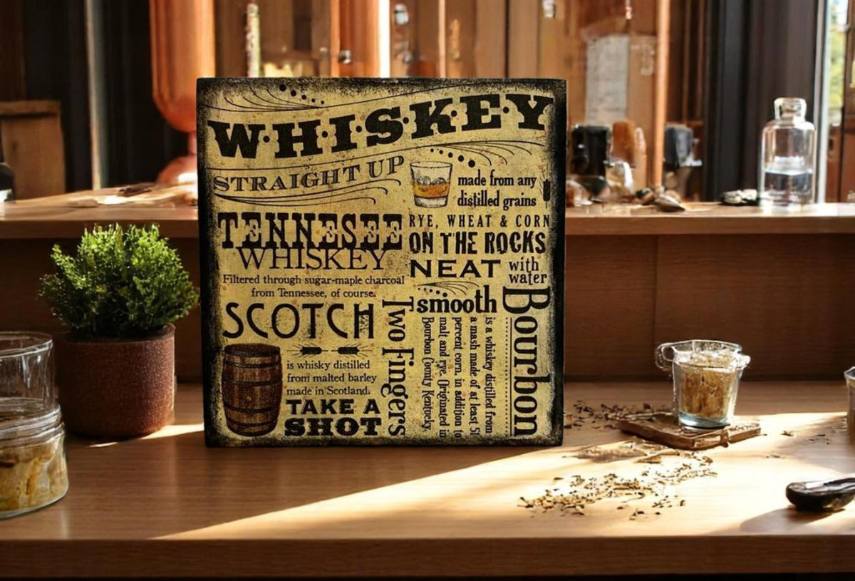 Whiskey wood block sign on wood shelf with whiskey barrel and mason jars in background