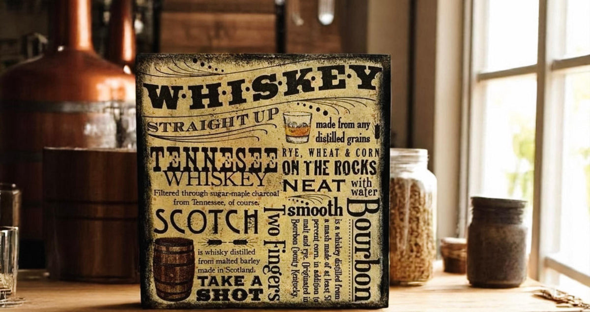 Whiskey wood block sign size reference showing 5x5x5 inch dimensions with wood knots note