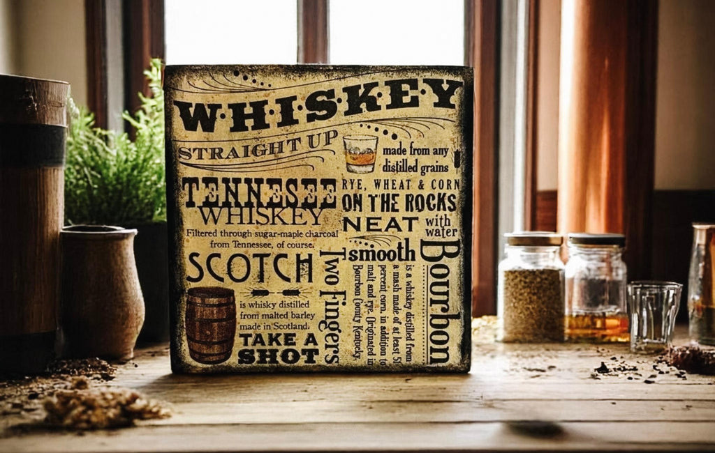 Whiskey wood block sign on rustic wood surface with copper still and window in background