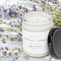 White Sage + Lavender soy candle Scent No. 03 in clear glass jar with black lid on white background clean product shot